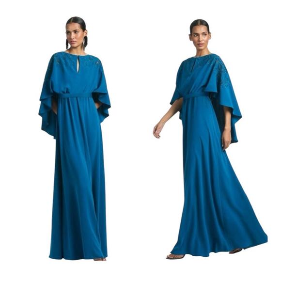 Sachin & Babi Size 4 NWT Moroccan Blue Crepe Embroidered Wren Cape Maxi Gown - Picture 1 of 11